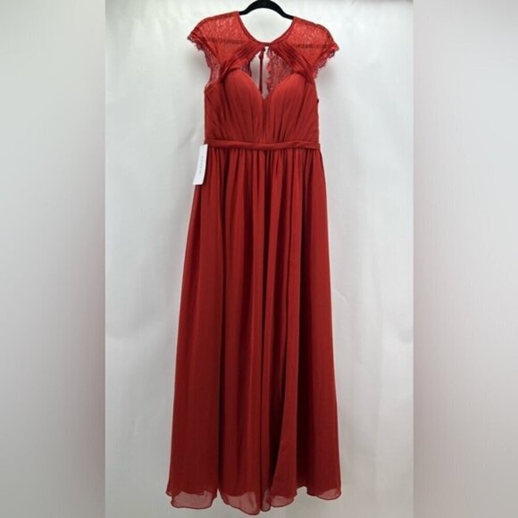 Azazie - Women's Cicely Rust Flowy Lace Chiffon bridesmaids Dress-Rust. Size:A10 - Picture 3 of 16